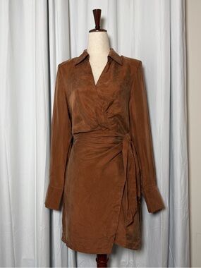 DISSH Sasha Wrap Mini Dress Tan Cupro Long Sleeve Size 4 NWT